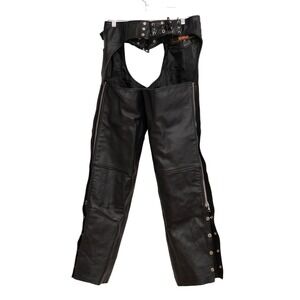 Silver Bike Black Leather Motorcycle Chaps Sz M Belt Adjust Biker Riding Gear